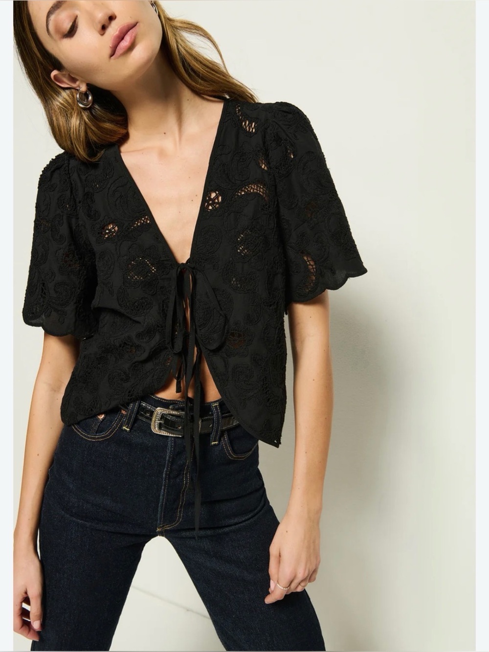 Nation LTD Roselyn Black Crochet Tie-Front Crop Top